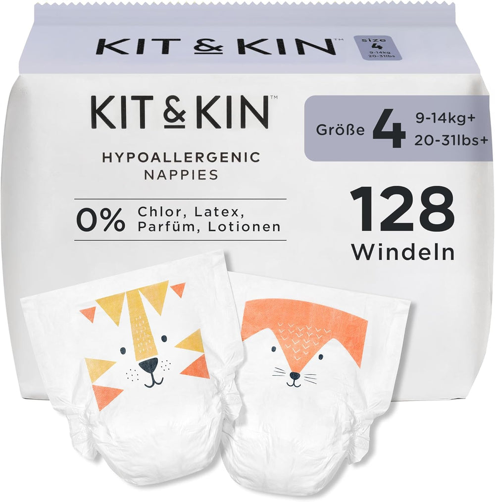 Kit & Kin Premium bleer, størrelse 4 (9-14 kg), 128 count, plantebaseret og allergivenlig, pålidelig lækagebeskyttelse, vegansk og grusomhedsfri