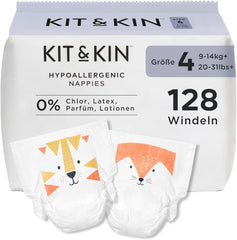 Kit & Kin Premium bleer, størrelse 4 (9-14 kg), 128 count, plantebaseret og allergivenlig, pålidelig lækagebeskyttelse, vegansk og grusomhedsfri