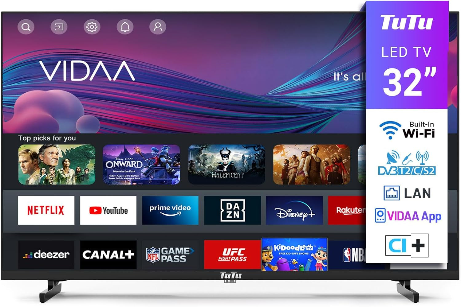TuTu TUS43UQ1A Smart TV 43 inch (108 cm) 4K UHD LED TV Android TV cu WLAN, HDR, triplu tuner DVB-C/S/S2/T/T2, Bluetooth, Prime Video, Netflix, YouTube, DAZN, Disney+