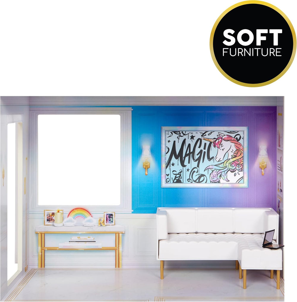 Rainbow High Townhouse - 3-Stöckiges Holzpuppenhaus mit 5 Bunten Zimmern & Terrasse - Komplett Eingerichtetes Haus mit Funktionierendem Lift und Zubehör - Spielzeug für Kinder von 4 bis 12+ Jahren