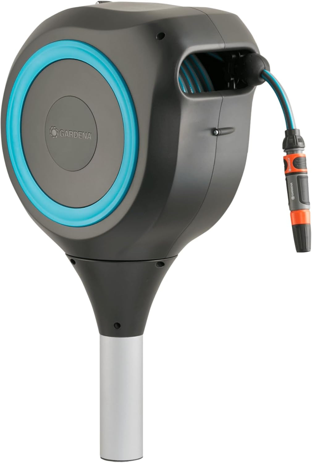 Cutie pentru furtun de grădină Gardena RollUp M (albă) 20 m: Cutie pentru furtun rotativă, ghidaj integrat pentru furtun, incl. furtun de calitate Gardena de 20 m, țăruș de sol și ajutor de montare (18616-20)