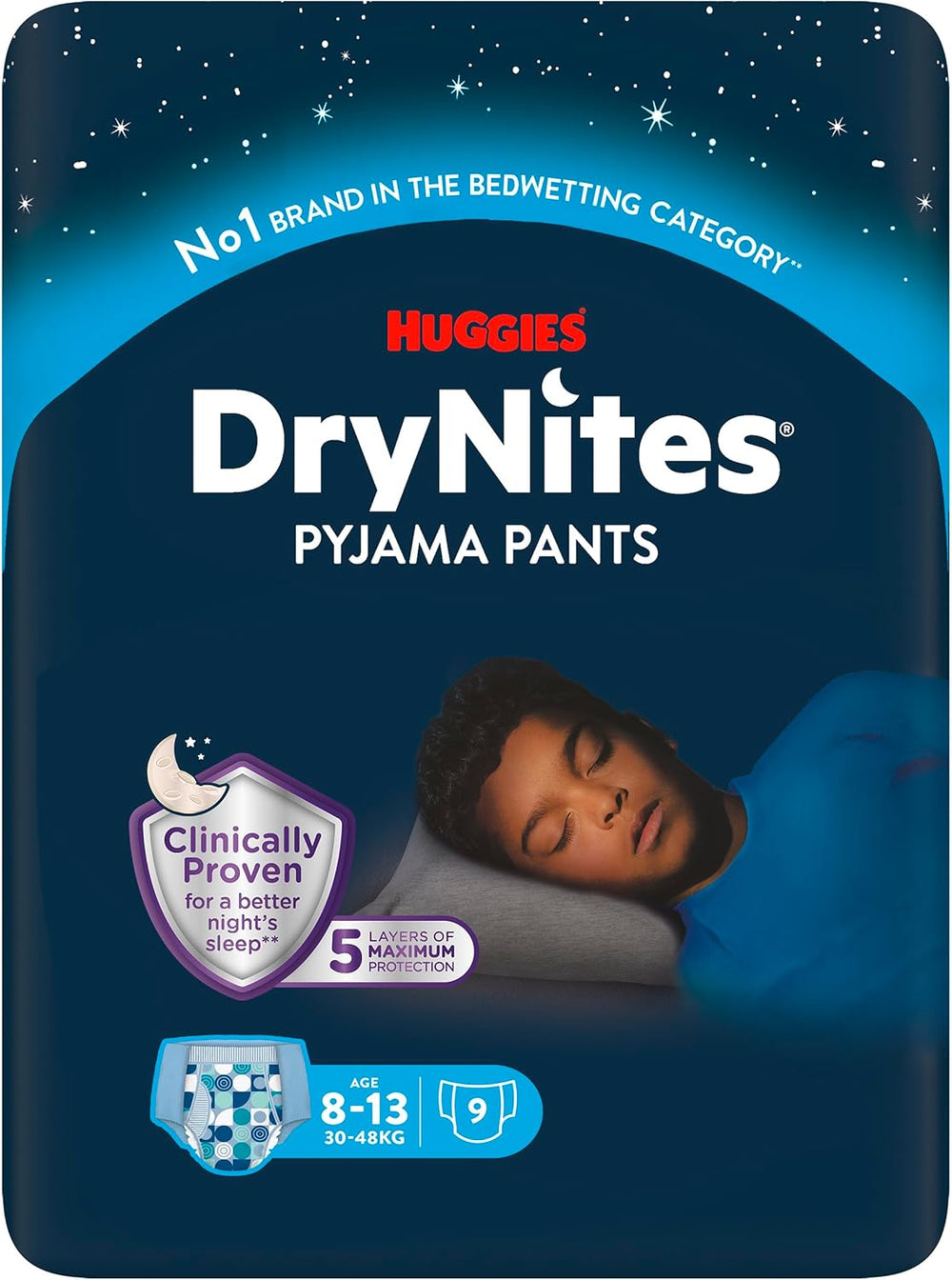 Huggies DryNites Super Absorberende Natbefugtningsbleer til drenge 8-13 år (30-48 kg) 27 Count (3 x 9 Count) Trussebleer
