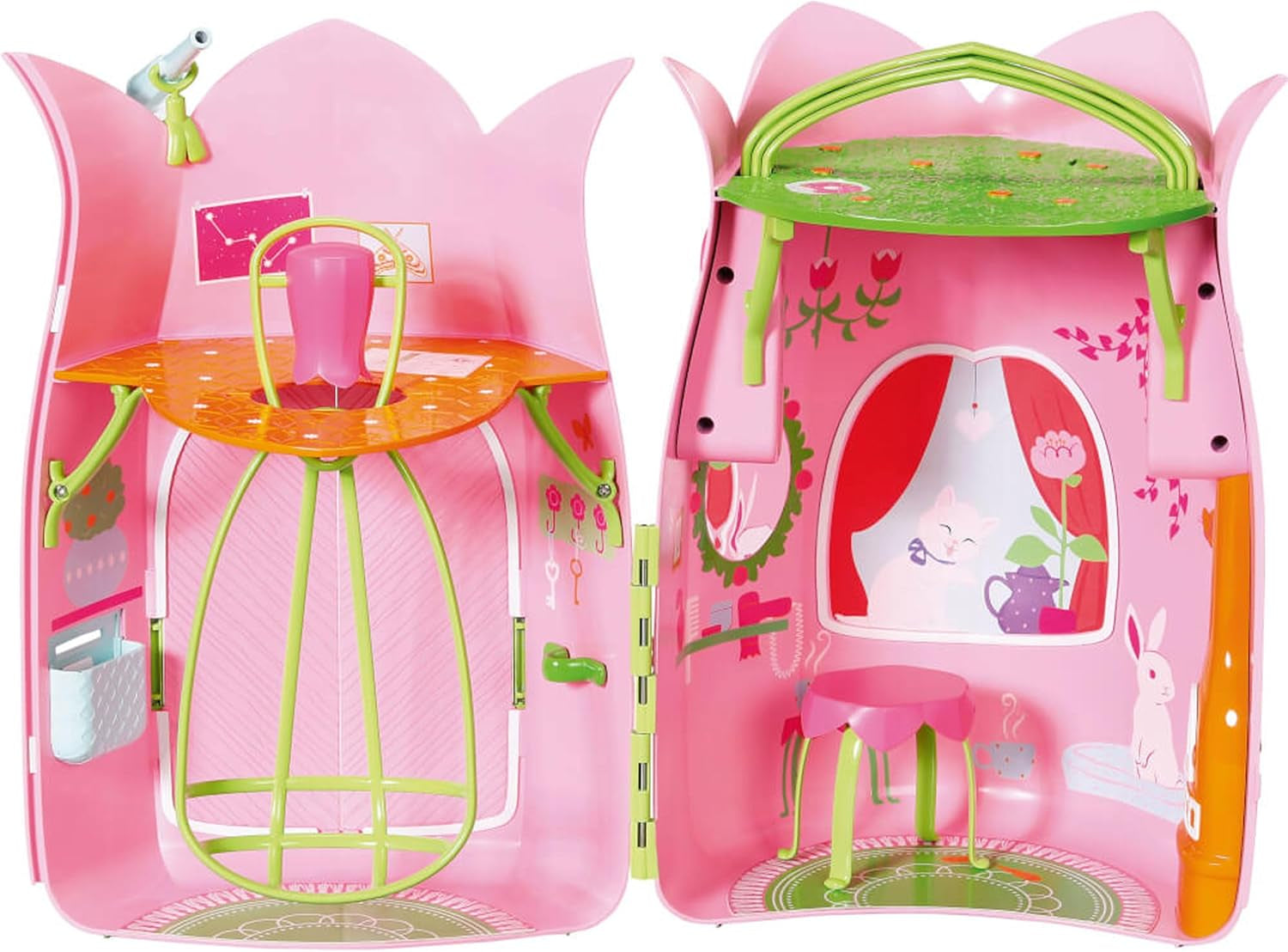 BABY Born Storybook Cottage, Casă de păpuși pliabilă pentru păpuși de 18 cm cu masă, șemineu, șezlong și telescop, roz verde, 833803 Zapf Creation Casute de papusi Naty Shop