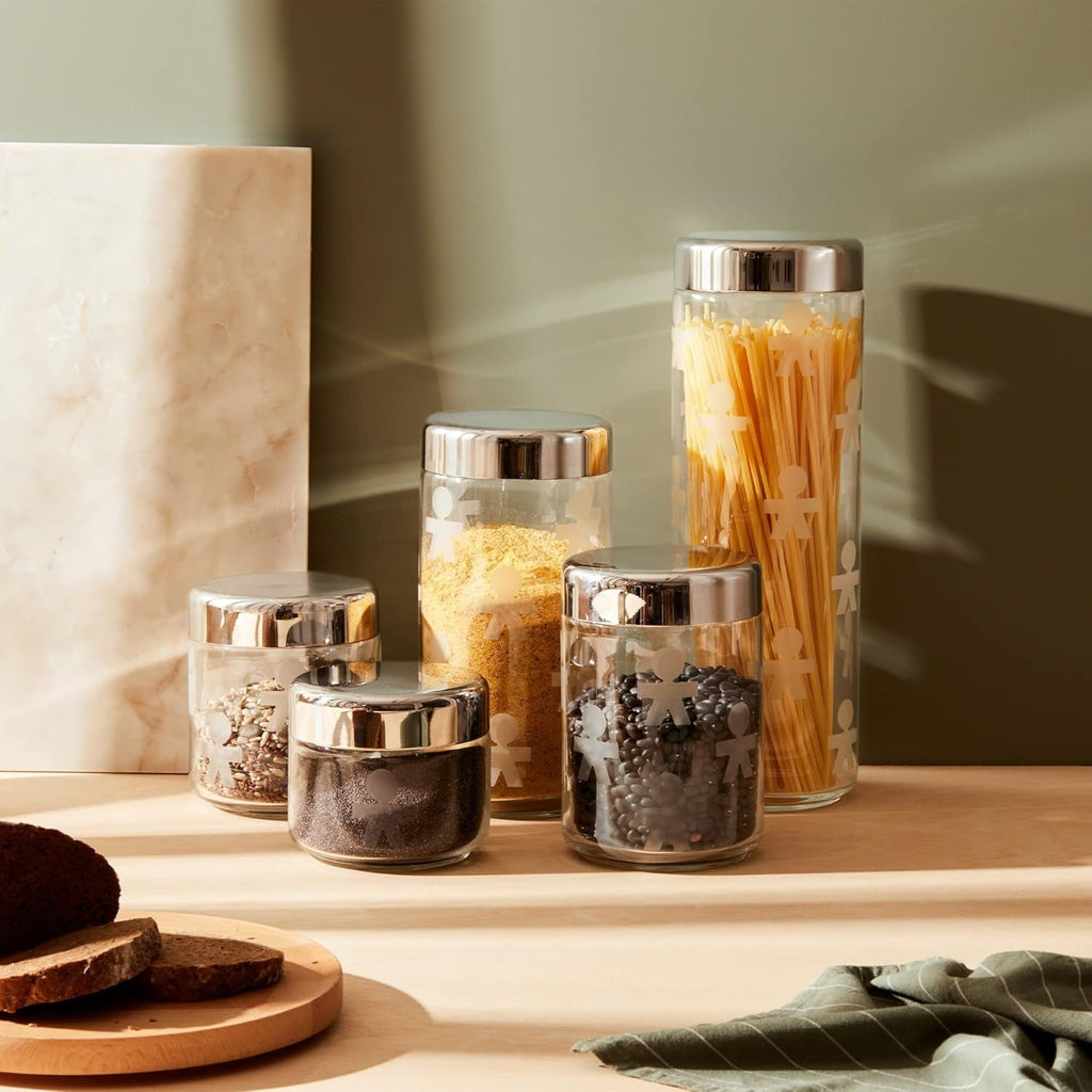 Alessi AKK37 GIROTONDO Borcan de bucătărie din sticlă cu amprentă și capac sigilat din oțel inoxidabil, L 21.6cm, H 10.5cm Cutii depozitare alimente Naty Shop