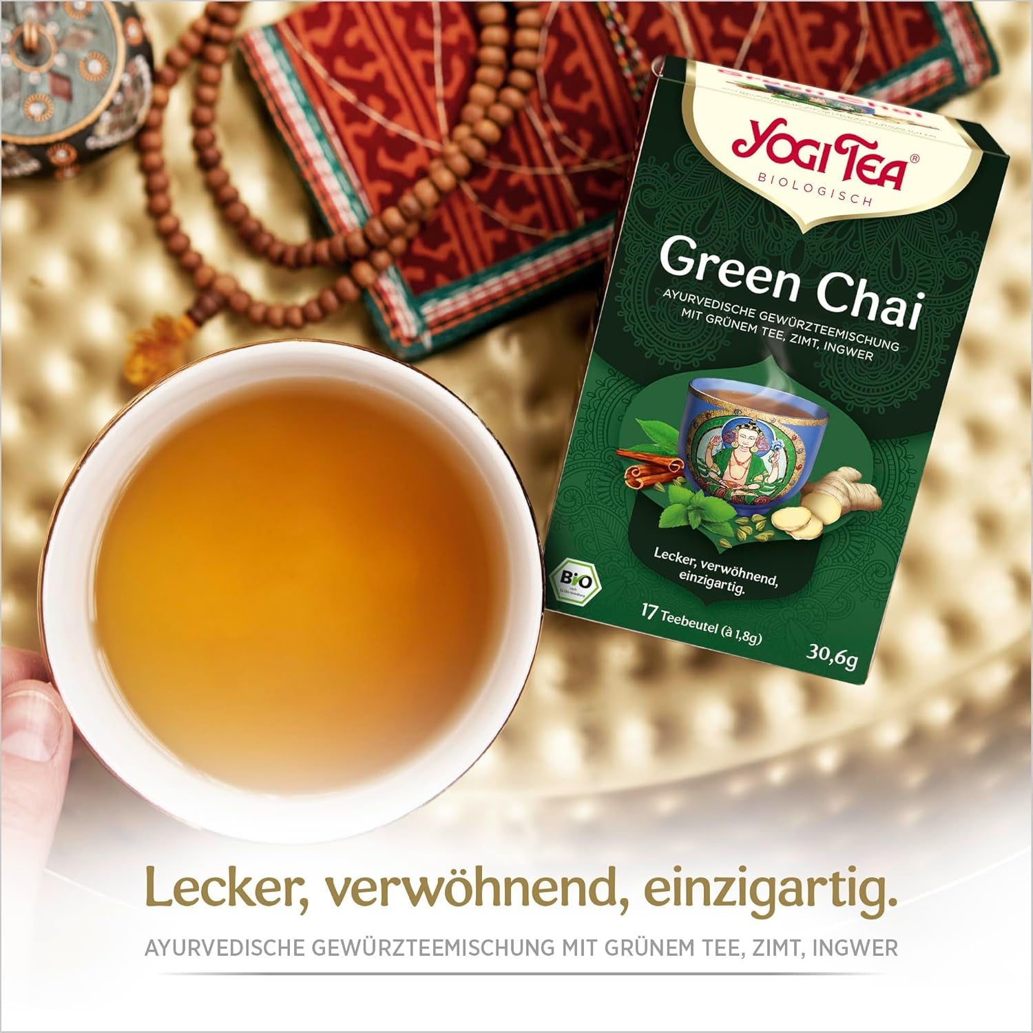 Yogi Tea Green Chai, ceai ayurvedic organic cu mirodenii, amestec de scorțișoară, mentă, ceai verde, ghimbir, cardamom și cuișoare, 6X17 pliculețe (102 pliculețe de ceai în total)