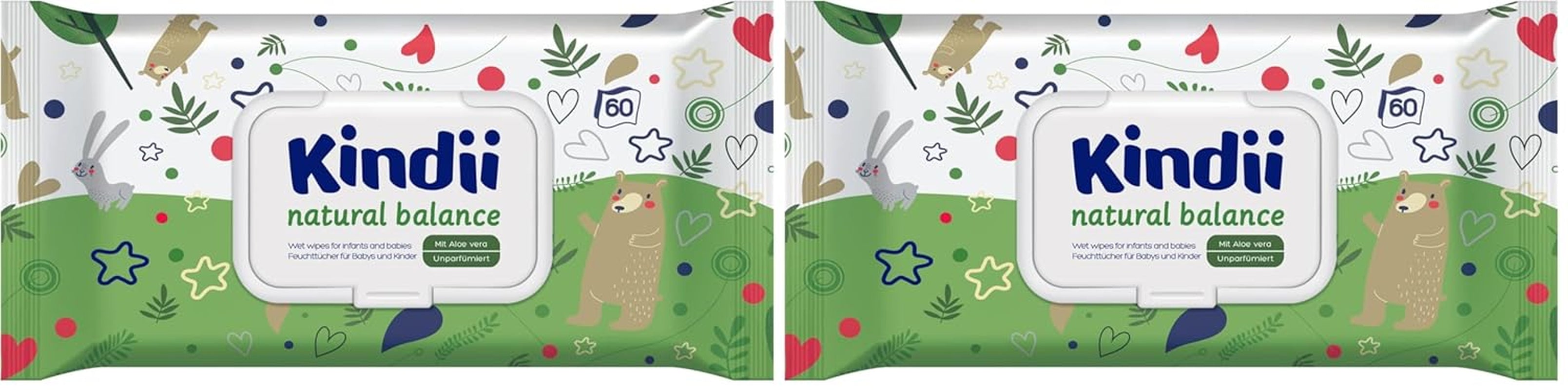 Kindii Natural Balance vådservietter til babyer – (1 x 60 stk.) Vådservietter til babyer og børn – Beskyttende, Aloe Vera, Delikat duft – 60 stk.