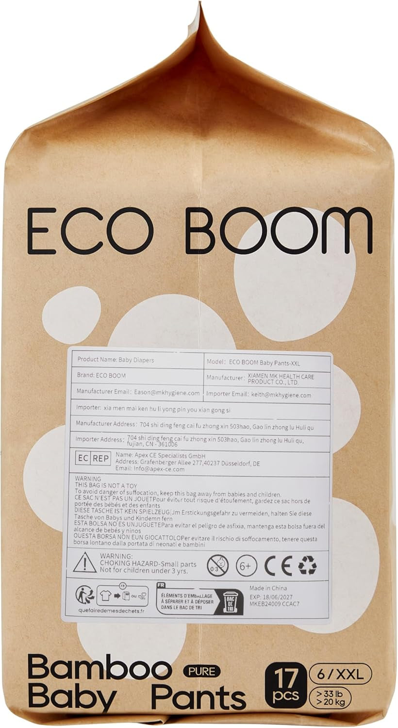 ECO BOOM Bamboo Babybleer - Størrelse 6 (20 kg), Plantebaserede Pull-Up bleer (17 stk) - Premium økologiske, parfumefri, hudvenlige, superabsorberende