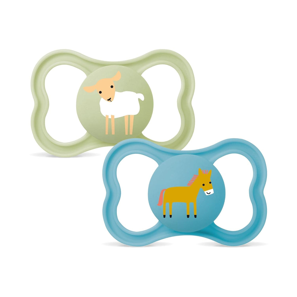 Suzete MAM Air din silicon, pachet de 2, design extra ușor și aerisit, suzetă pentru bebeluși prietenoasă cu dinții, fabricată din silicon special MAM SkinSoft, cu cutie pentru suzetă, 6-16 luni, Ursuleț/Rinocer