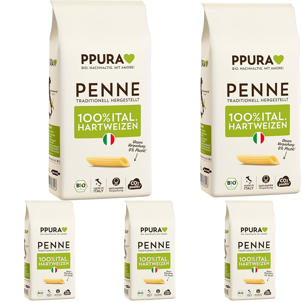 PPURA Økologisk Durum Wheat Penne Pasta 500g, 100% naturlig rørformet pasta, Made in Italy - Italiensk pasta uden tilsætningsstoffer, farvestoffer eller konserveringsmidler