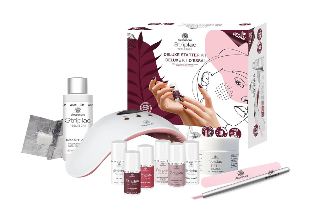 alessandro STRIPLAC PEEL OR SOAK DELUXE KIT - UV-neglelaksæt - Til en professionel og delikat manicure på 15 minutter - Vegansk og grusomhedsfri - Inkluderer LED-lampe