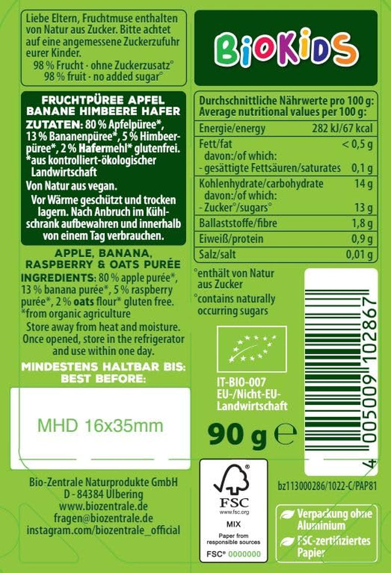 biocentral BioKids Frugtpuré Æble Banan Hindbær Havre | 12 x 90g | Frugtrig snack uden tilsat sukker | Vegansk (pakke med 2)