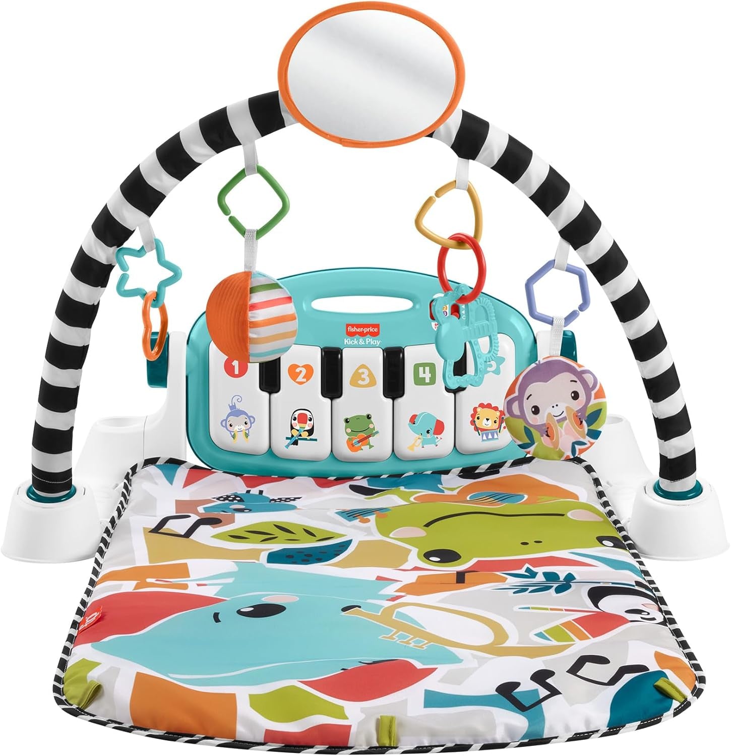 Fisher-Price Kontrast Kick & Play pătură cu pian pentru bebeluși, pătură distractivă cu pian, jucărie muzicală portabilă cu conținut de învățare Smart Stages, de la 0 luni, albastru, versiune franceză, HWY56 Jucarii Bebe Naty Shop