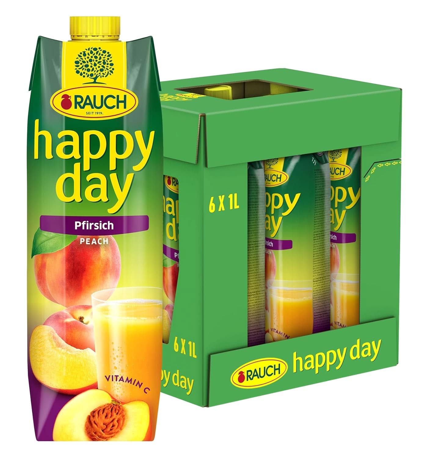 Rauch Happy Day Peach | Fra frugter modnet i solen | 6 x 1 liter, Tetra Prisma Alkoholfri drikkevarer Naty Shop