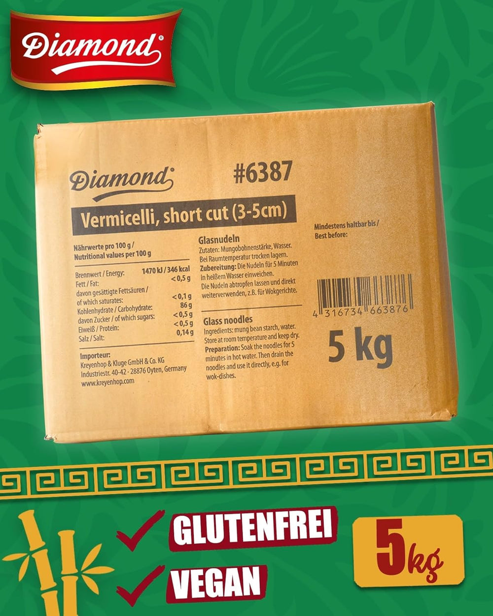 DIAMOND glasnudler, kort mung bønne stivelse glas nudler, naturligt veganske og glutenfri - 1 x 5 kg