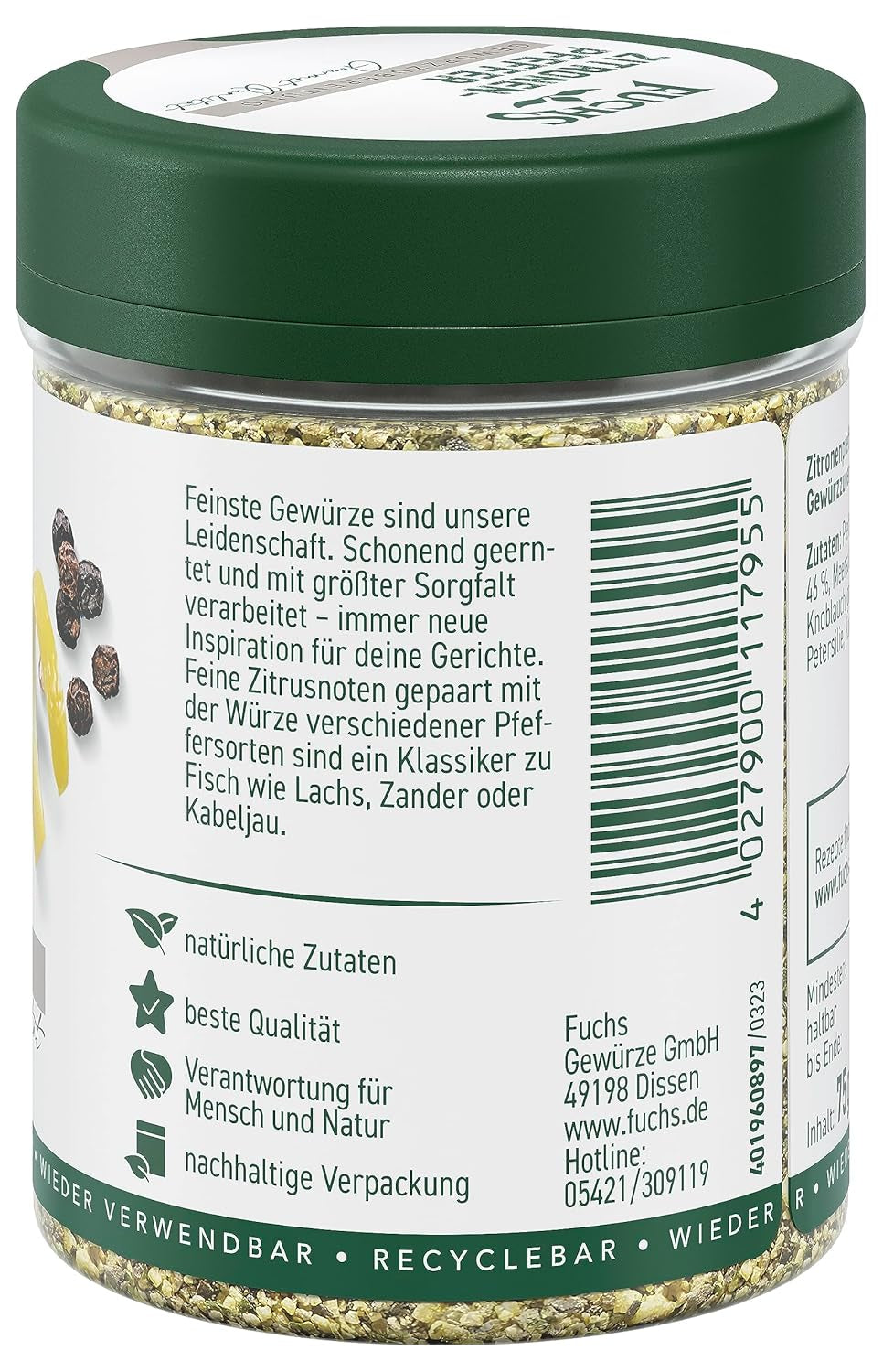 Fuchs Gewürze - Zitronenpfeffer Gewürz - Gewürrzubereitung für Lachs, Zander und Kabeljau - natürliche Zutaten - 75 g in wiederverwendbarer, recyclebarer Dose