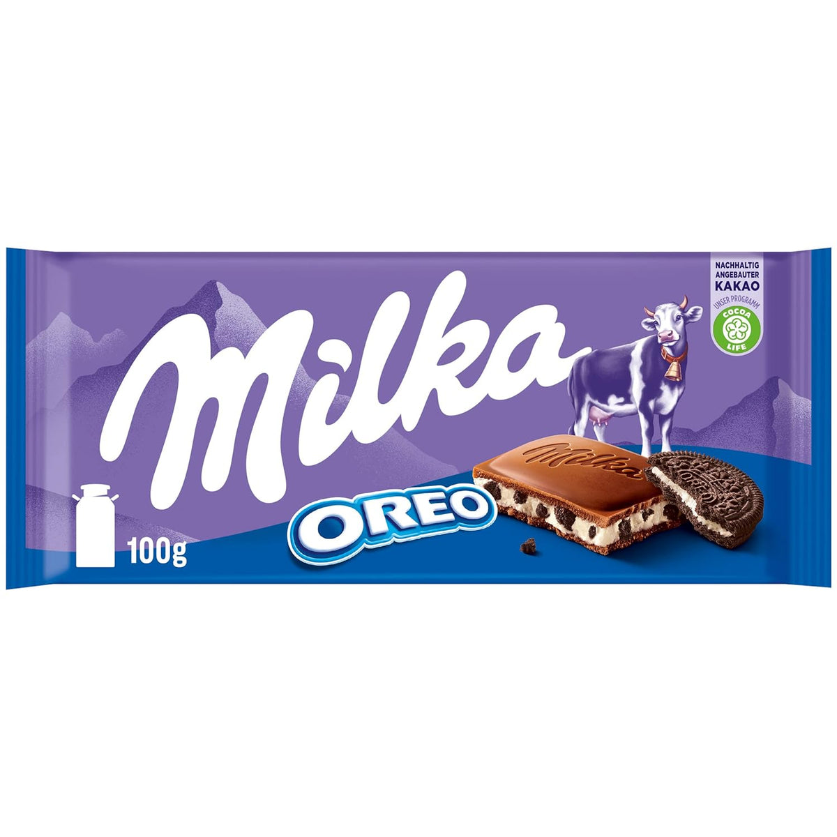 Milka Oreo – Alpine mælkechokolade fyldt med sprøde stykker af Oreo kiks og glat vaniljecreme – 100g
