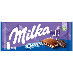 Milka Oreo – Alpine mælkechokolade fyldt med sprøde stykker af Oreo kiks og glat vaniljecreme – 100g