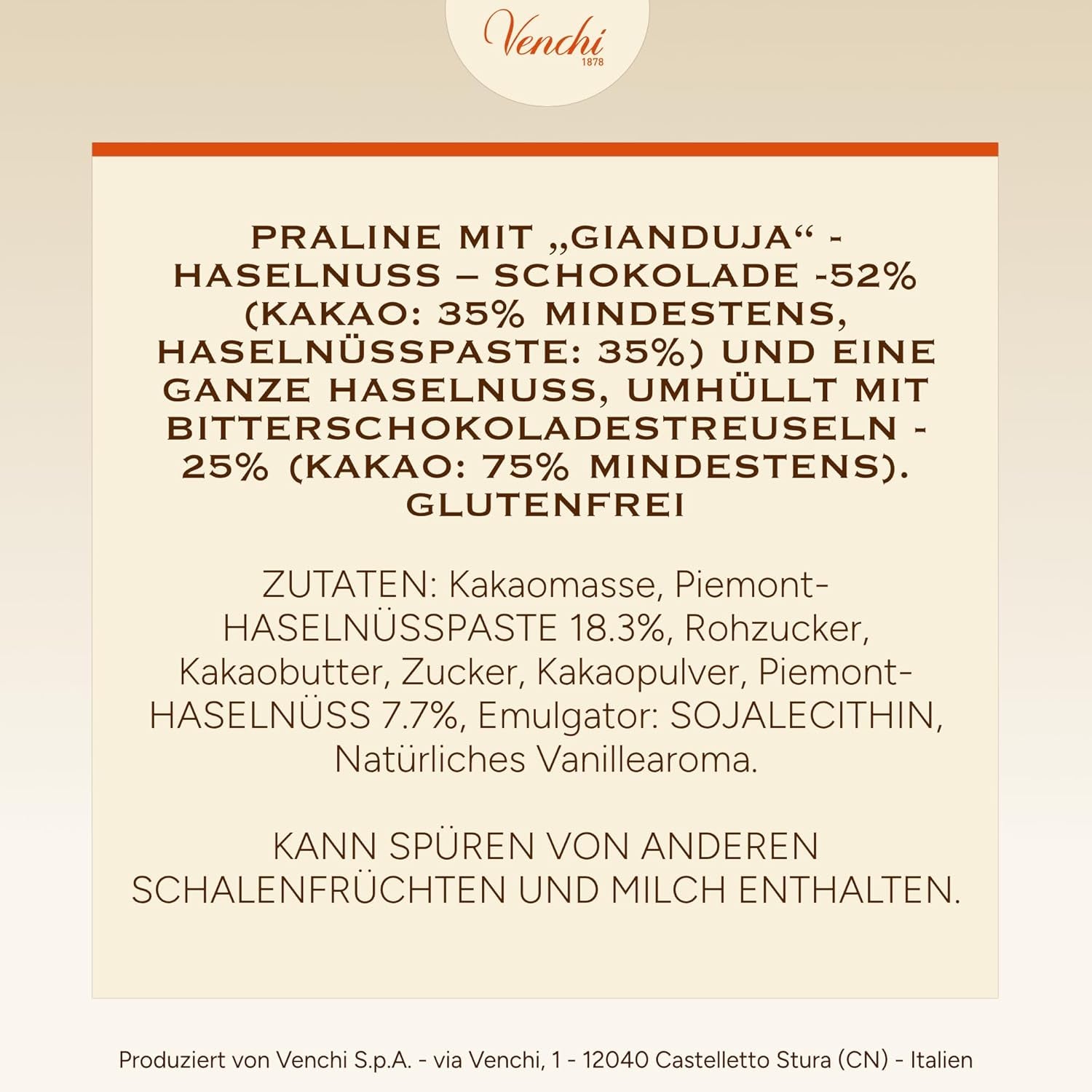 Venchi – Chocoviar Gianduia, praliner i 1 kg pose, Gianduia chokolade fremstillet udelukkende med "Piemonte skovhasselnødder", glutenfri, uden kunstige farver og uden konserveringsmidler