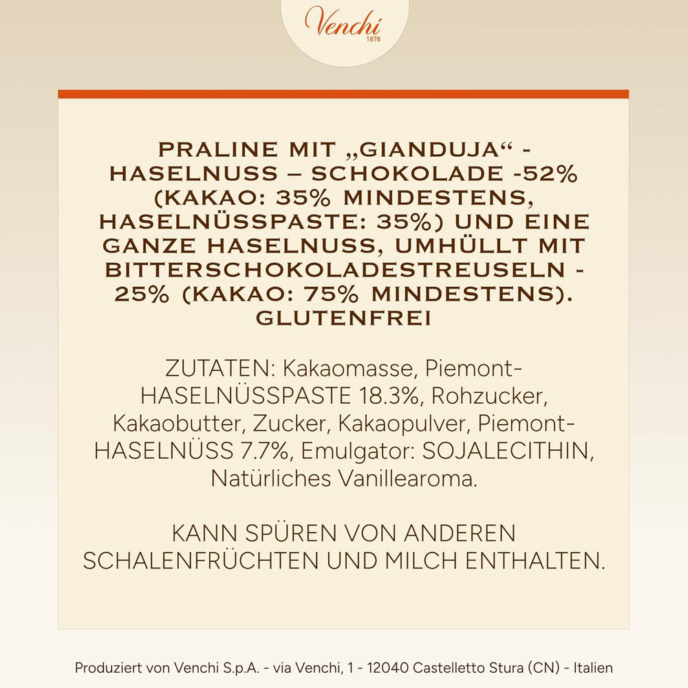 Venchi – Chocoviar Gianduia, praliner i 1 kg pose, Gianduia chokolade fremstillet udelukkende med "Piemonte skovhasselnødder", glutenfri, uden kunstige farver og uden konserveringsmidler