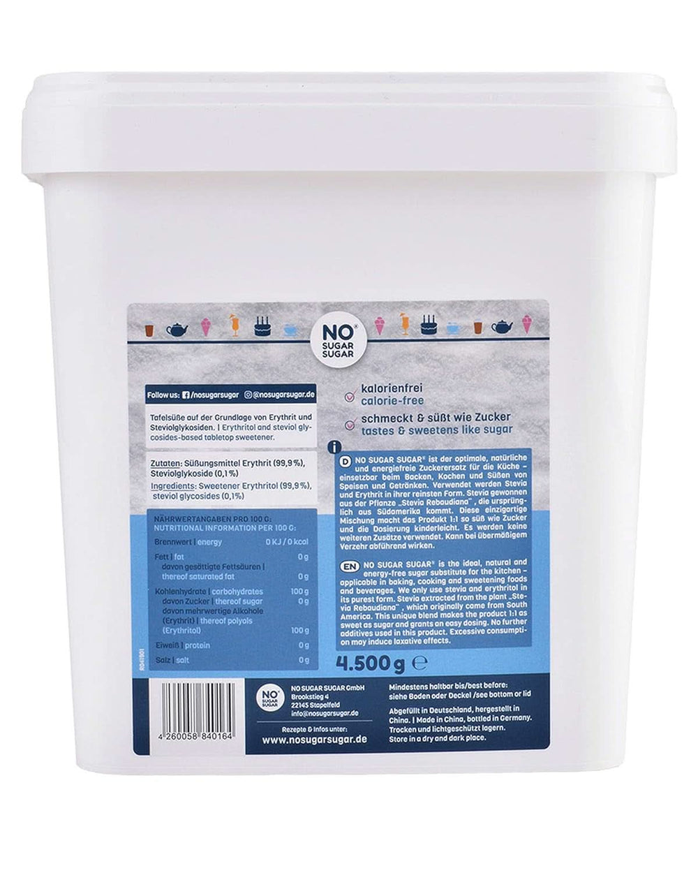 INGEN SUKKER, Erythritol + Stevia Naturlig sukkererstatning uden kalorier 1:1 sødme sammenlignet med sukker, uden smag, 4,5 kg sødemidler Naty Shop