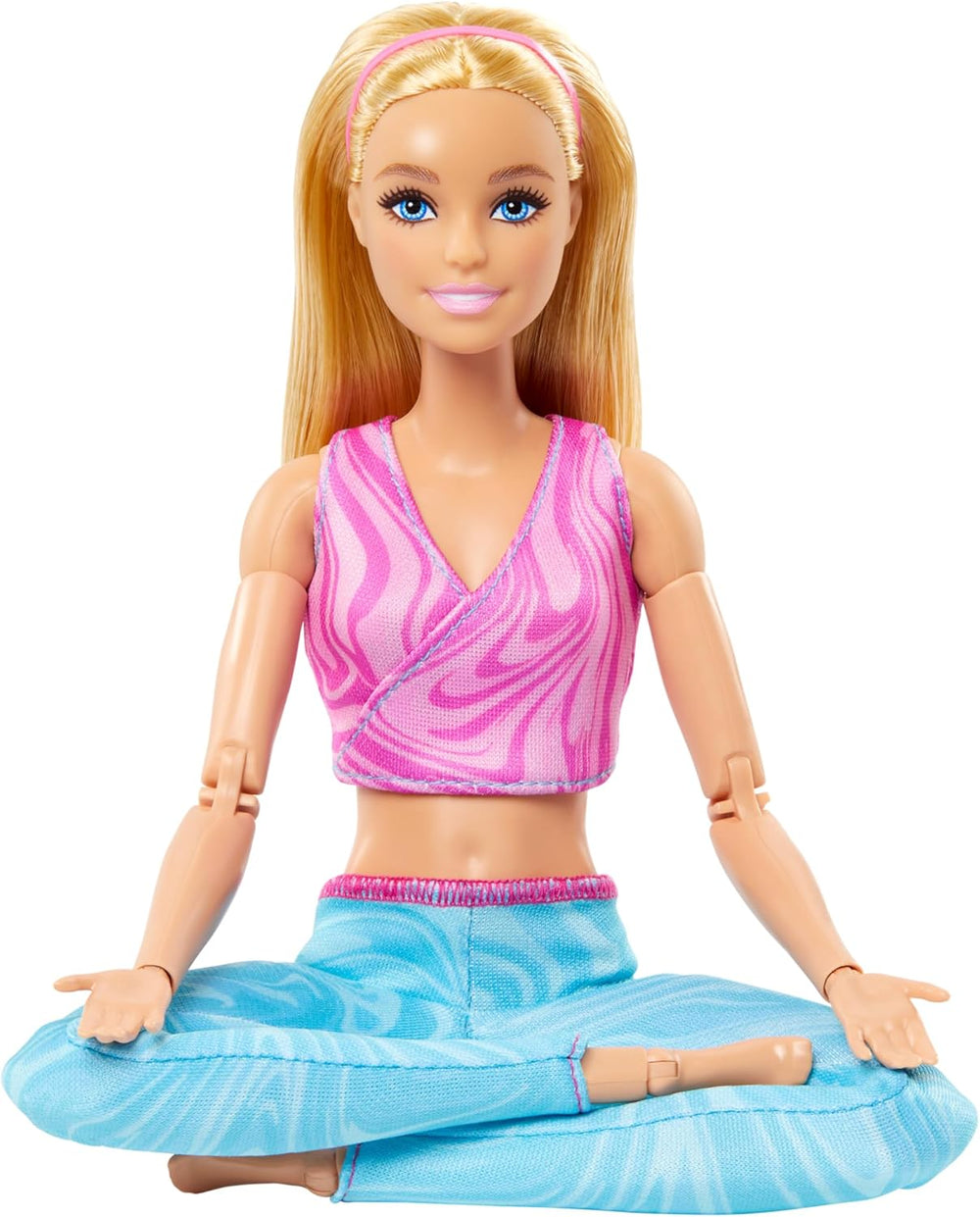 Păpușă Barbie Made-to-Move cu păr blond, bluză sport roz detașabilă și pantaloni de yoga albaștri, 22 de articulații”, HRH27, [Multicoloră]