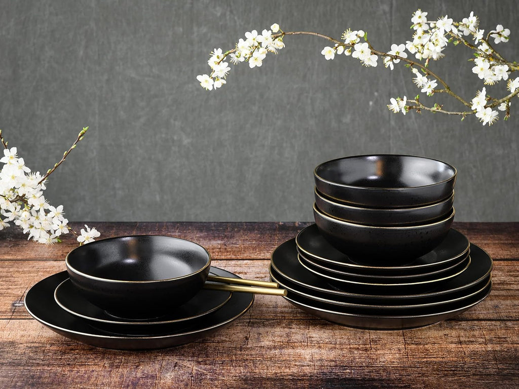 Creatable, 22707, Serie Industrial Gold BLACK, 12-Teiliges Geschirrset, Teller Set Aus Steinzeug, Spülmaschinen- Und Mikrowellengeeignet, Qualitätsproduktion Seturi vesela masa Naty Shop