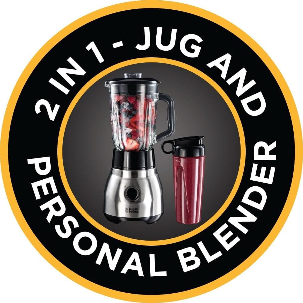 Russell Hobbs Standmixer 2-I-1 [1,5L Glasbehälter Mixer & 0,6L Mini Smoothie Maker -To-Go-Trinkflasche Inkl. Deckel] Spülmaschinenfest, Impuls-/Ice-Crush Funktion, Becher BPA Frei, Edelstahl 23821-56 Kitchen Naty Shop