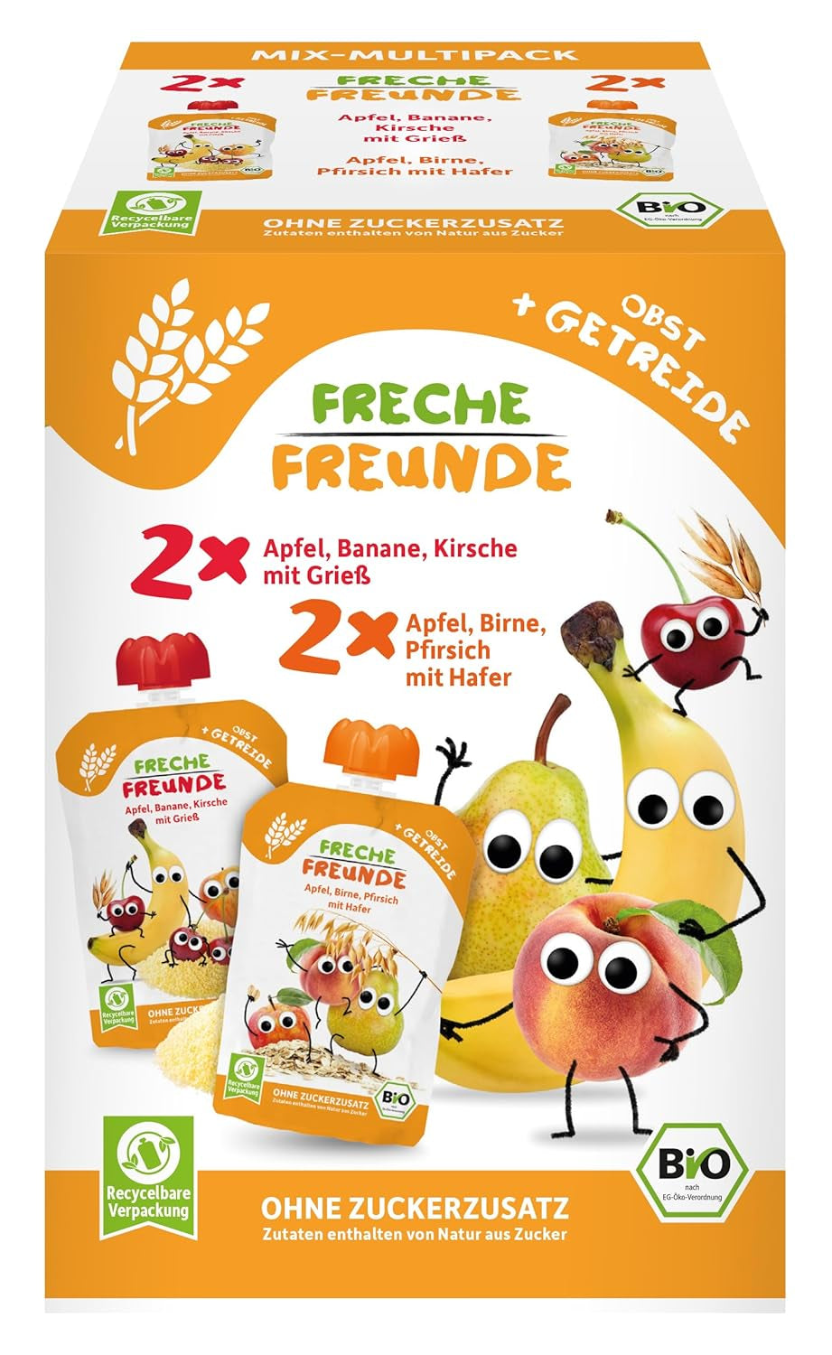 FRECHE FREUNDE Økologisk blanding i multipak-pressepose - Frugt + Korn, Frugtpuré med korn i en klembar pose til babyer fra 6 måneder, vegansk, pakke med 3, 3 x (4 x 100g)