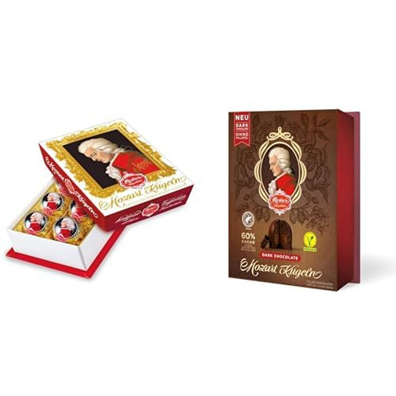 Duo Pack mørk chokolade, barok Mozart og mørk chokolade, autentiske Mozart-kugler, chokolade med mørk chokolade, marcipan, nougat, ideel gave, 6 stykker af hver sort, 240 g i alt