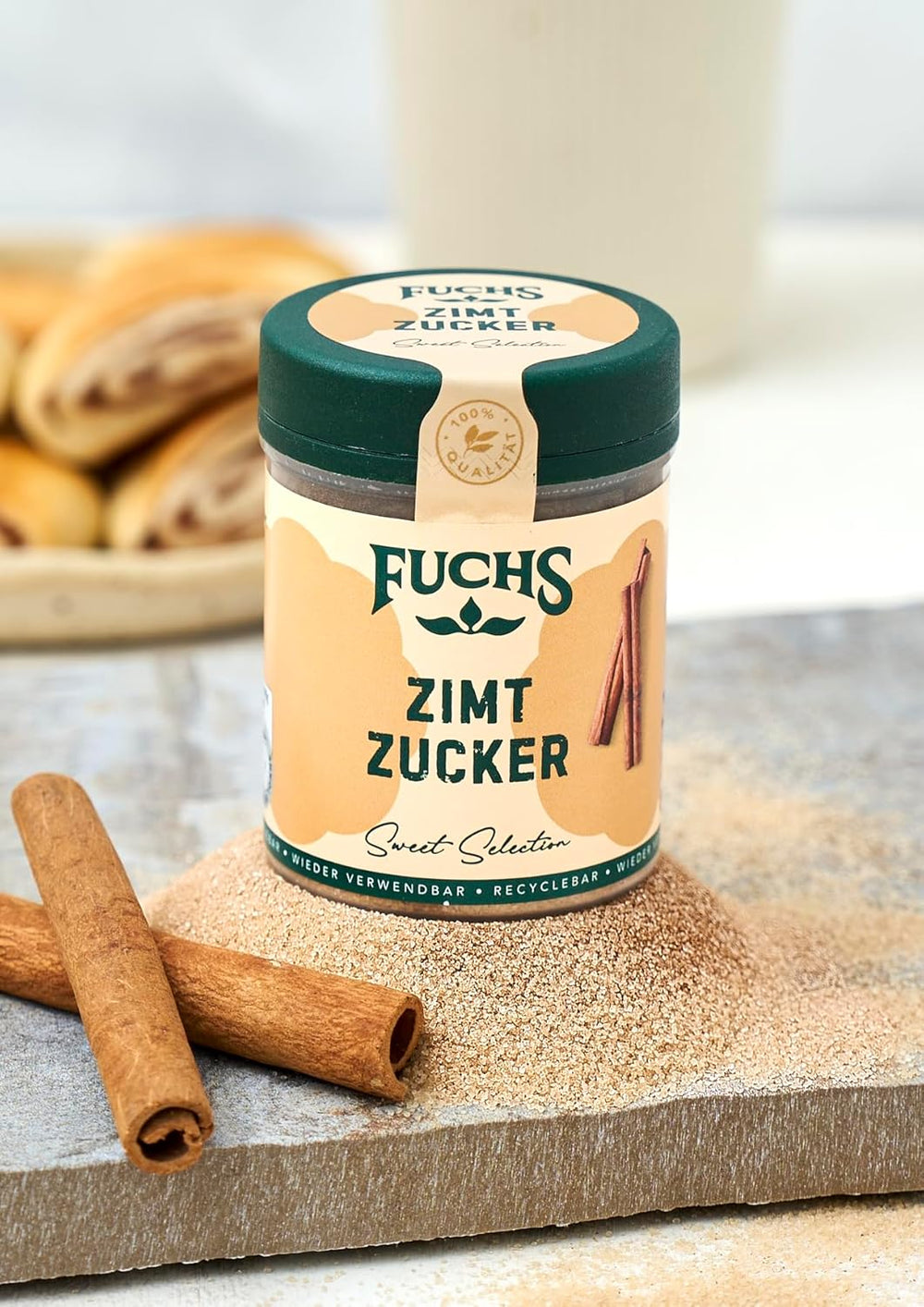Fuchs Gewürze - Zimt Zucker - Klassisches Gewürz für Milchreis, Pfannkuchen oder Wafeln - aus natürliche Ingrediens - 100 g i wiederverwendbarer, genbrugsbarer Dosis