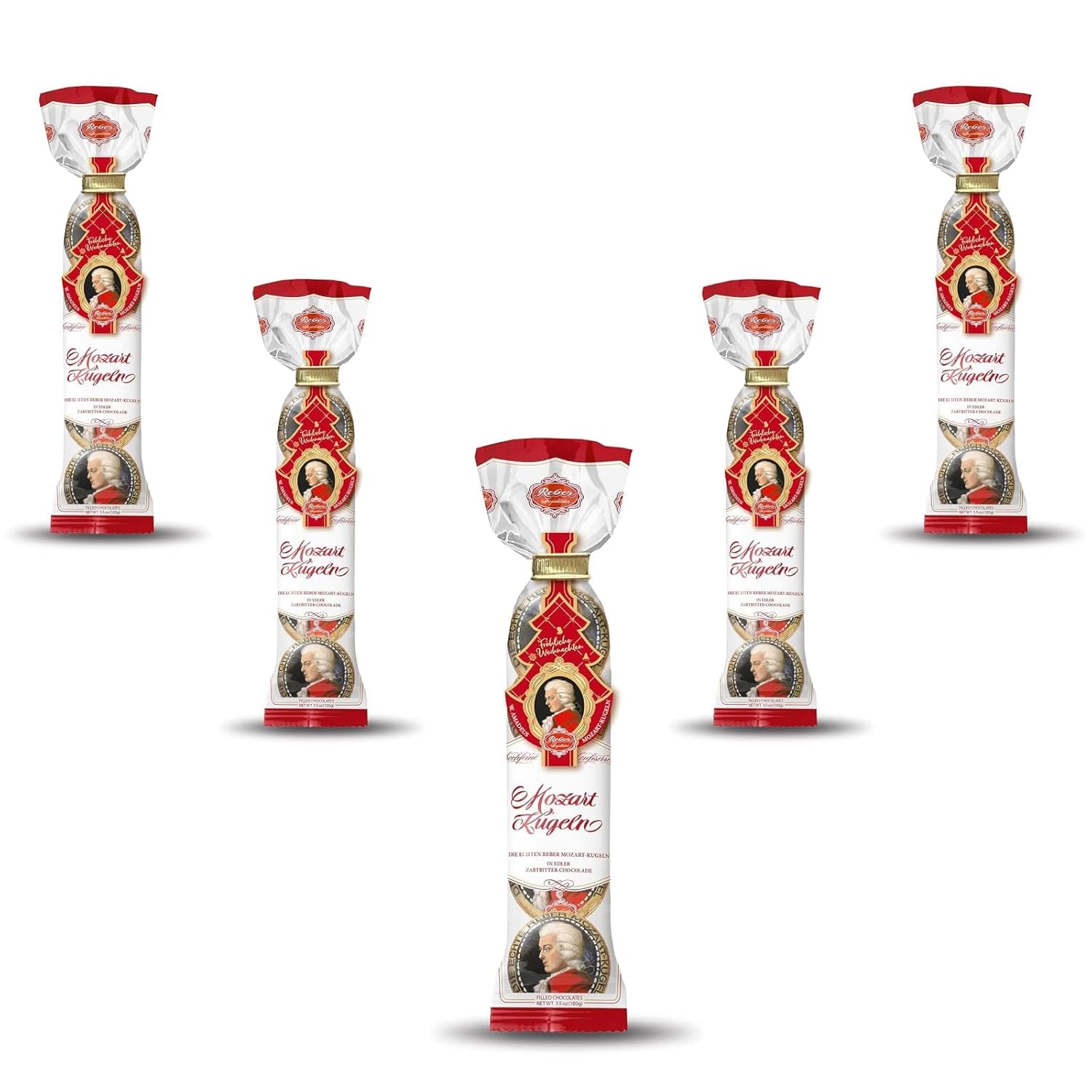 Reber Mozart kugler - 5 poser af 5 slik i juleudgaven - Autentiske Reber Mozart kugler, lavet af mørk chokolade, marcipan og nougat