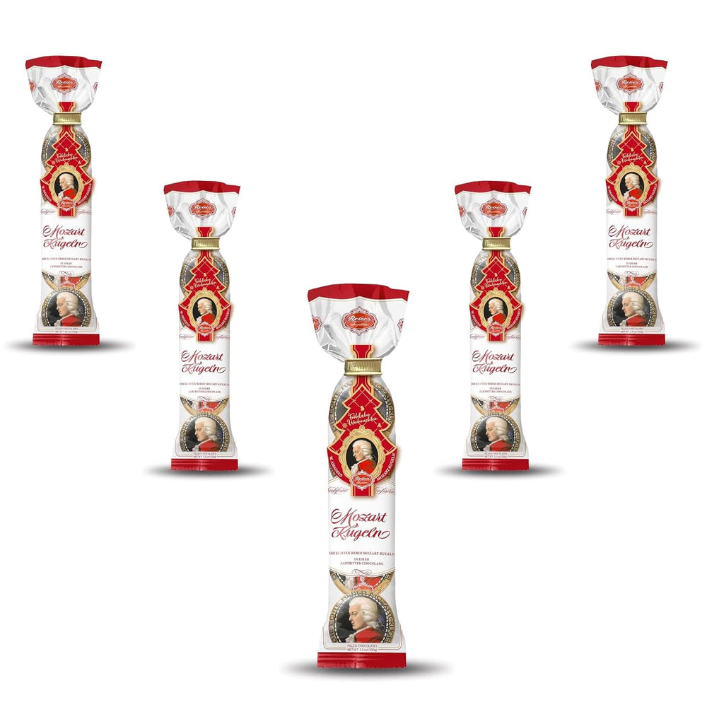 Reber Mozart kugler - 5 poser af 5 slik i juleudgaven - Autentiske Reber Mozart kugler, lavet af mørk chokolade, marcipan og nougat