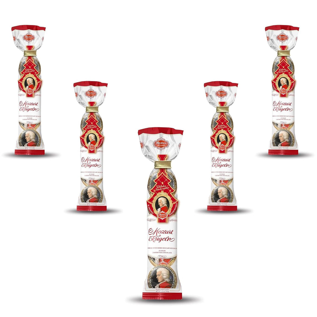 Reber Mozart kugler - 5 poser af 5 slik i juleudgaven - Autentiske Reber Mozart kugler, lavet af mørk chokolade, marcipan og nougat