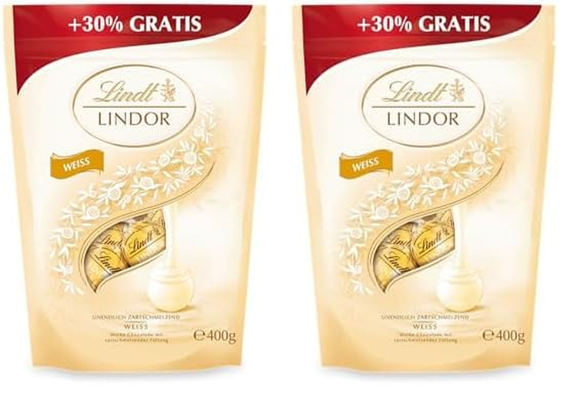 Lindor hvide chokoladekugler | 400 g ca. 30 hvide chokoladekugler med smelte-i-mund-fyld | Gave af chokolade | Chokoladegave (pakke med 2)