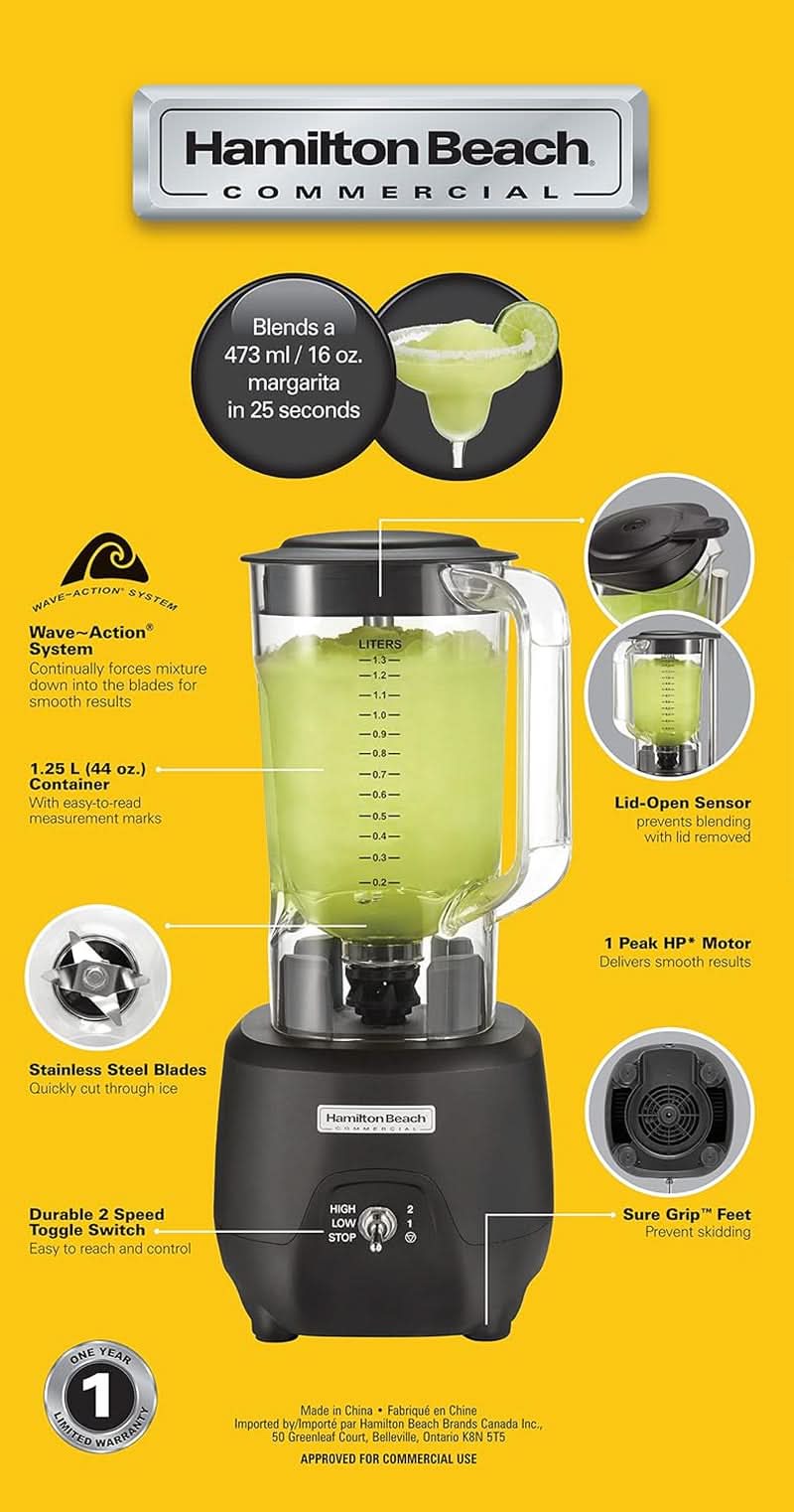 Hamilton Beach Commercial® 908®R Barblender, HBB908R-CE, 1 HK, 1,3 L polycarbonatbeholder, 2 hastigheder, 220-240V, Black Kitchen Naty Shop