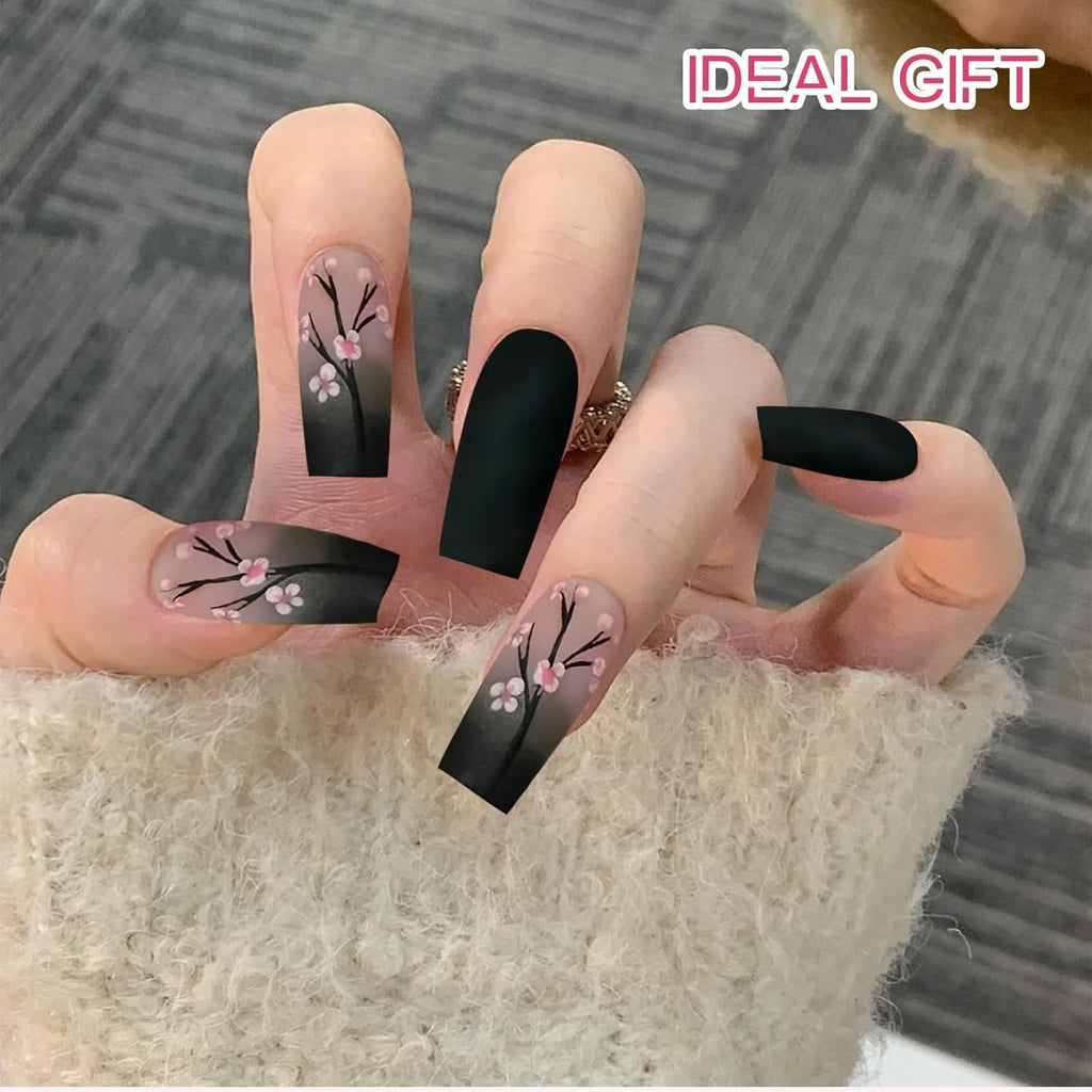 24 de bucăți de unghii French Press negre de toamnă, unghii lungi cu flori roz, unghii artificiale pentru lipit, set de unghii artificiale de toamnă cu accesorii