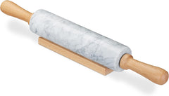 Relaxdays Nudelholz Marmor, Griffe aus Holz, Teigroller zum Kochen & Backen, mit Ablage, 48 cm, schwere Backrolle, hvid
