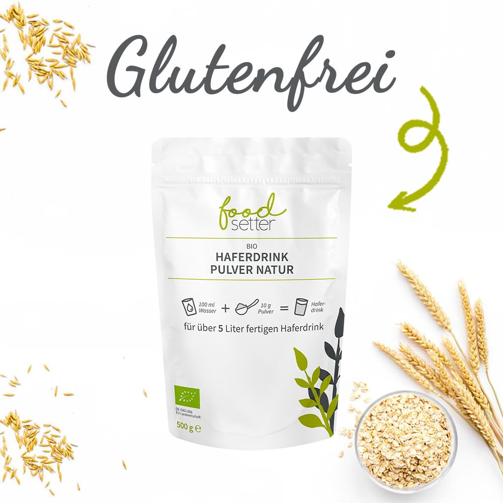 foodsetter Bio Haferdrink Pulver | 500g pose | Haferpulver | Instant Haferpulver | Biokvalitet | Vegansk | Glutenfri | Ohne Zuckerzusatz | 0,5 kg