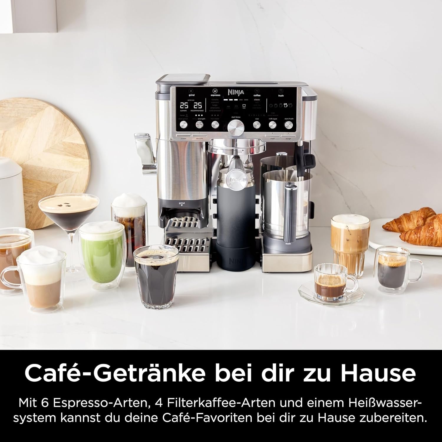 Aparat de cafea Ninja Luxe Pro 3 în 1 cu râșniță și spumator pentru latte, cappuccino, Cold Brew și espresso, ușor de utilizat, 5 presetări pentru spumator, argintiu, ES701EU