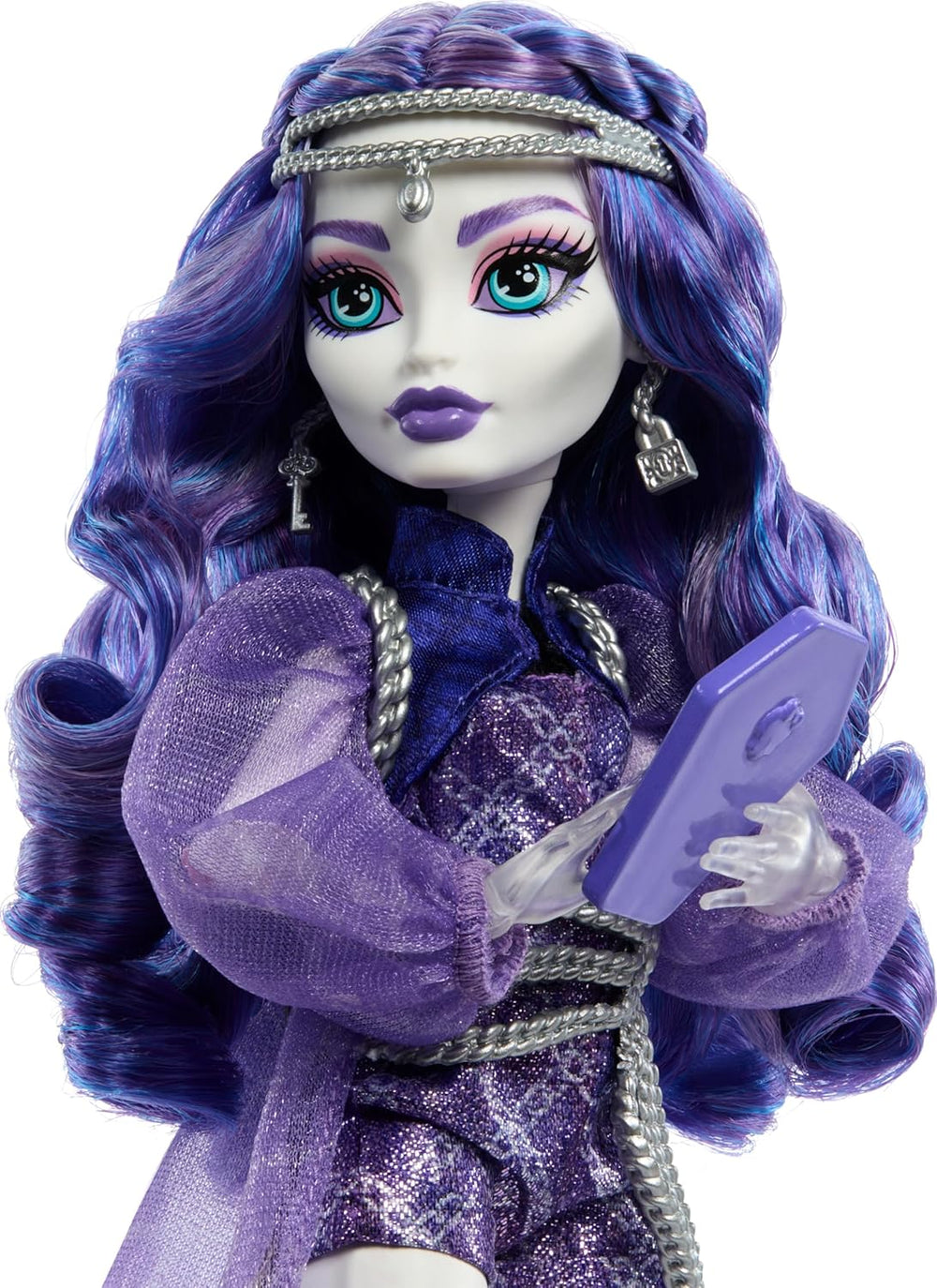 Păpușa Monster High Spectra Vondergeist cu dihorul Rhuen și accesorii precum rucsac, tabletă, gustări și multe altele, HXH77