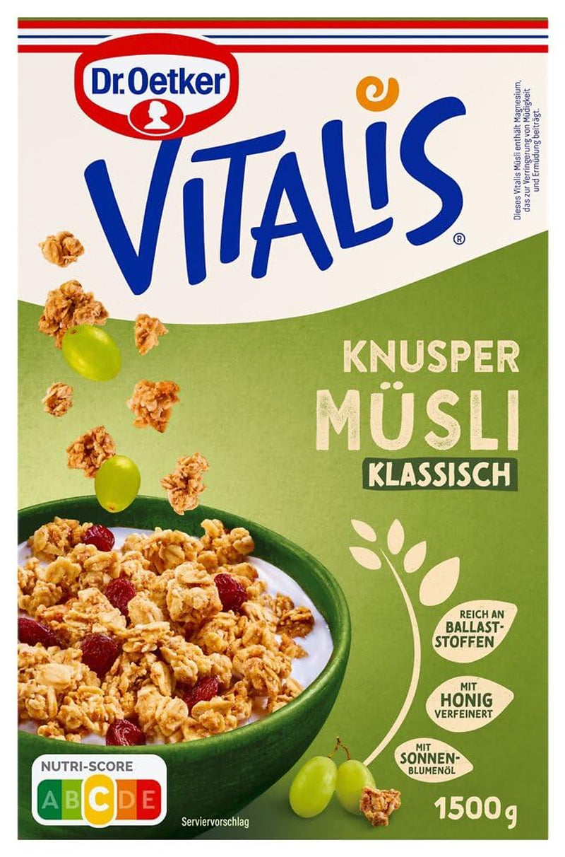 Dr. Oetker Vitalis Classic Crispy Mysli: Stor pakke sprød morgenmadsmüsli med rosiner, 1 pakke, 1,5 kg
