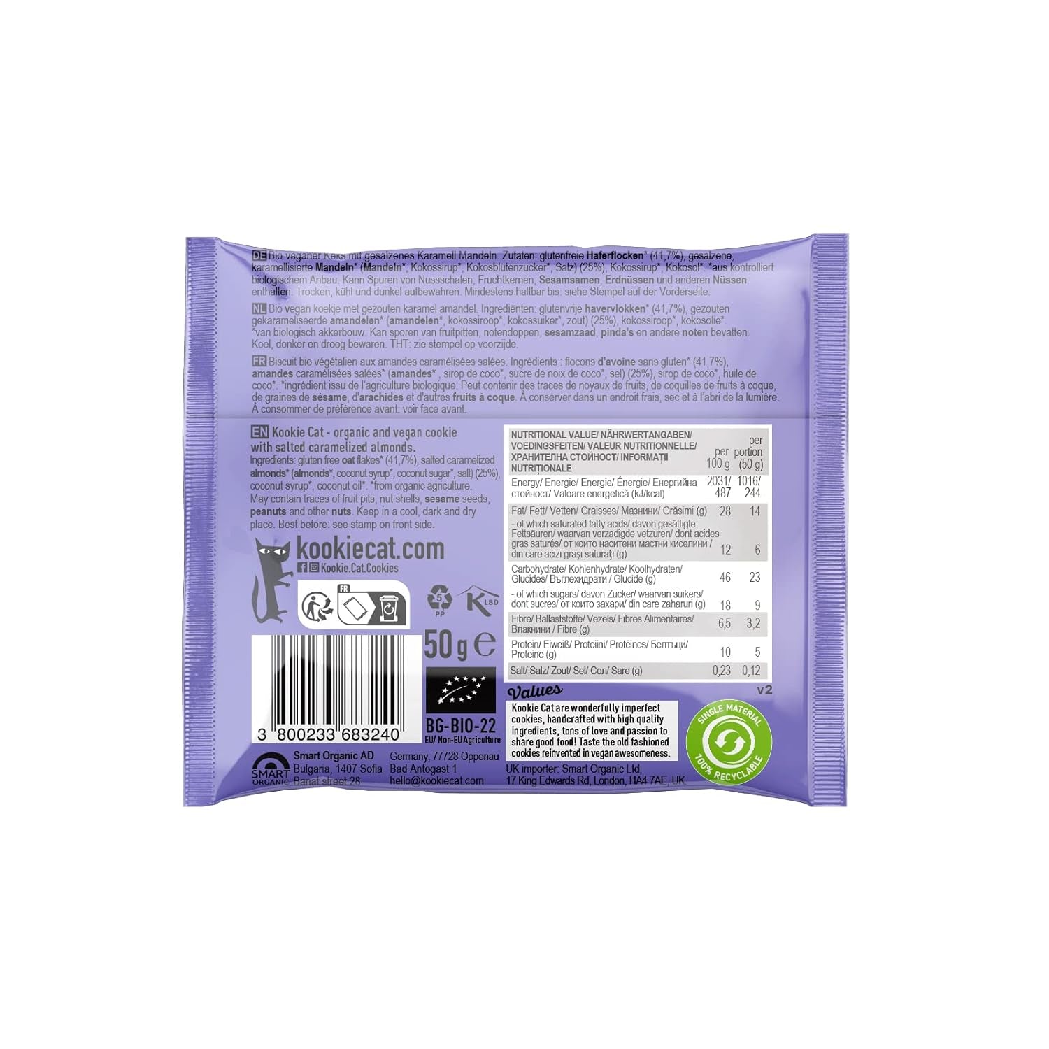 Fursecuri vegane cu caramel sărat și migdale - Ambalate individual, fără gluten, fără soia, organice, cu migdale și ovăz - Pachet multiplu de 12 x 50g (pachet de 2)