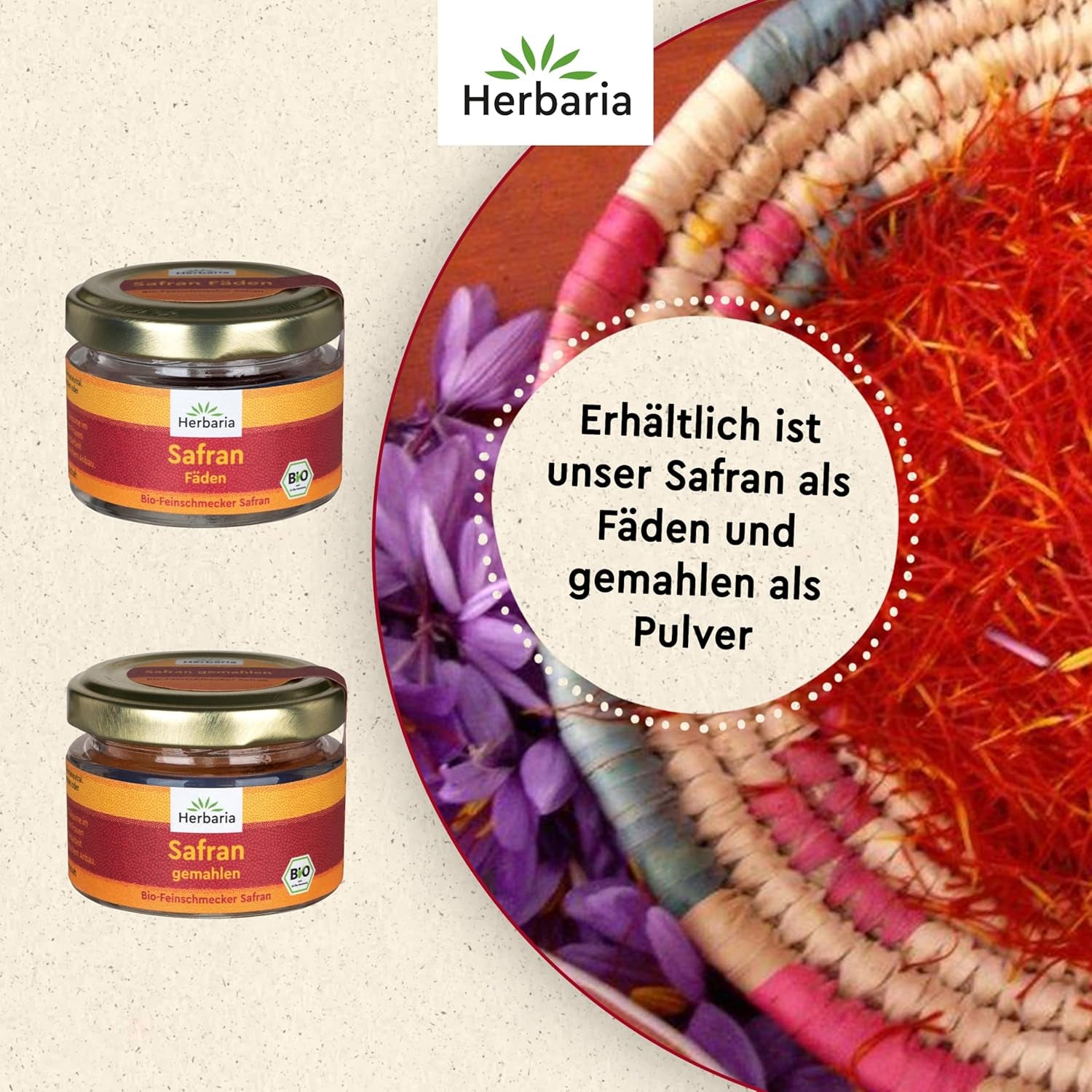 Herbaria Safran-Fäden bio 0,5g im Glas – Bio Saffron-Fäden aus dem bereicht Safran-Ort Taliouine i Marokko – Safranfäden i Premium Bio-Qualität – Saffron Premium - Safran première catégorie
