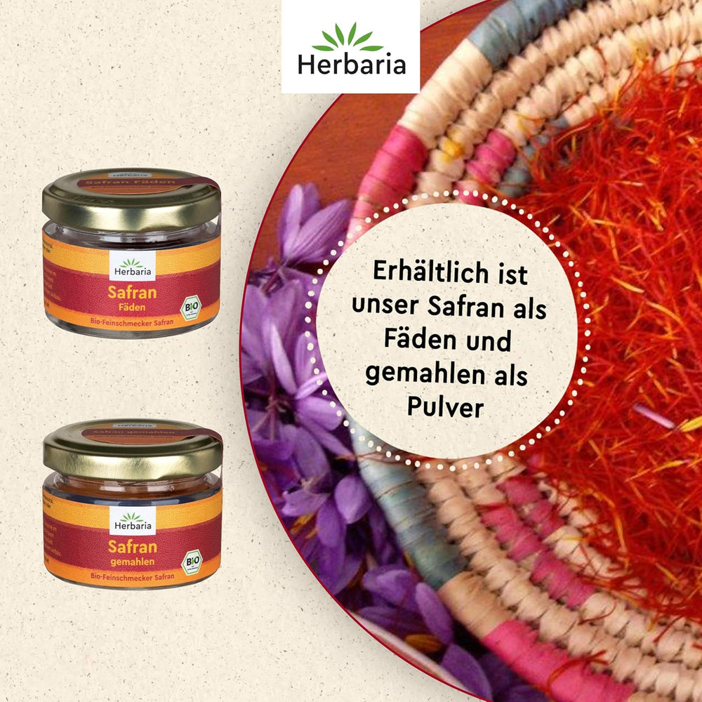 Herbaria Safran-Fäden bio 0,5g im Glas – Bio Saffron-Fäden aus dem bereicht Safran-Ort Taliouine i Marokko – Safranfäden i Premium Bio-Qualität – Saffron Premium - Safran première catégorie