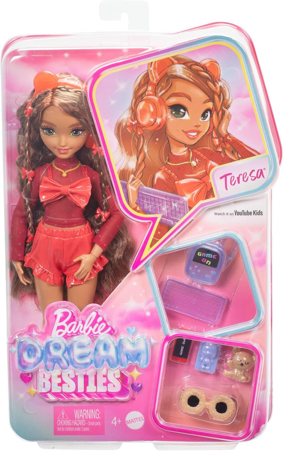 Barbie Dream Besties dukke og tilbehør, bevægelig Teresa-modedukke med brunt hår og hårspænder, 10 stykker videospilstema, HYC23 Naty Shop-dukker