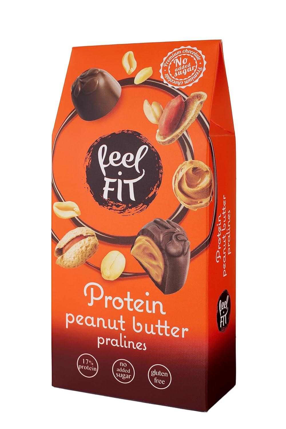 Feel FIT Jordnøddesmørproteinpraliner i højkvalitets mælkechokolade, uden tilsat sukker, 17 % protein, glutenfri 66 g (1 pakke)