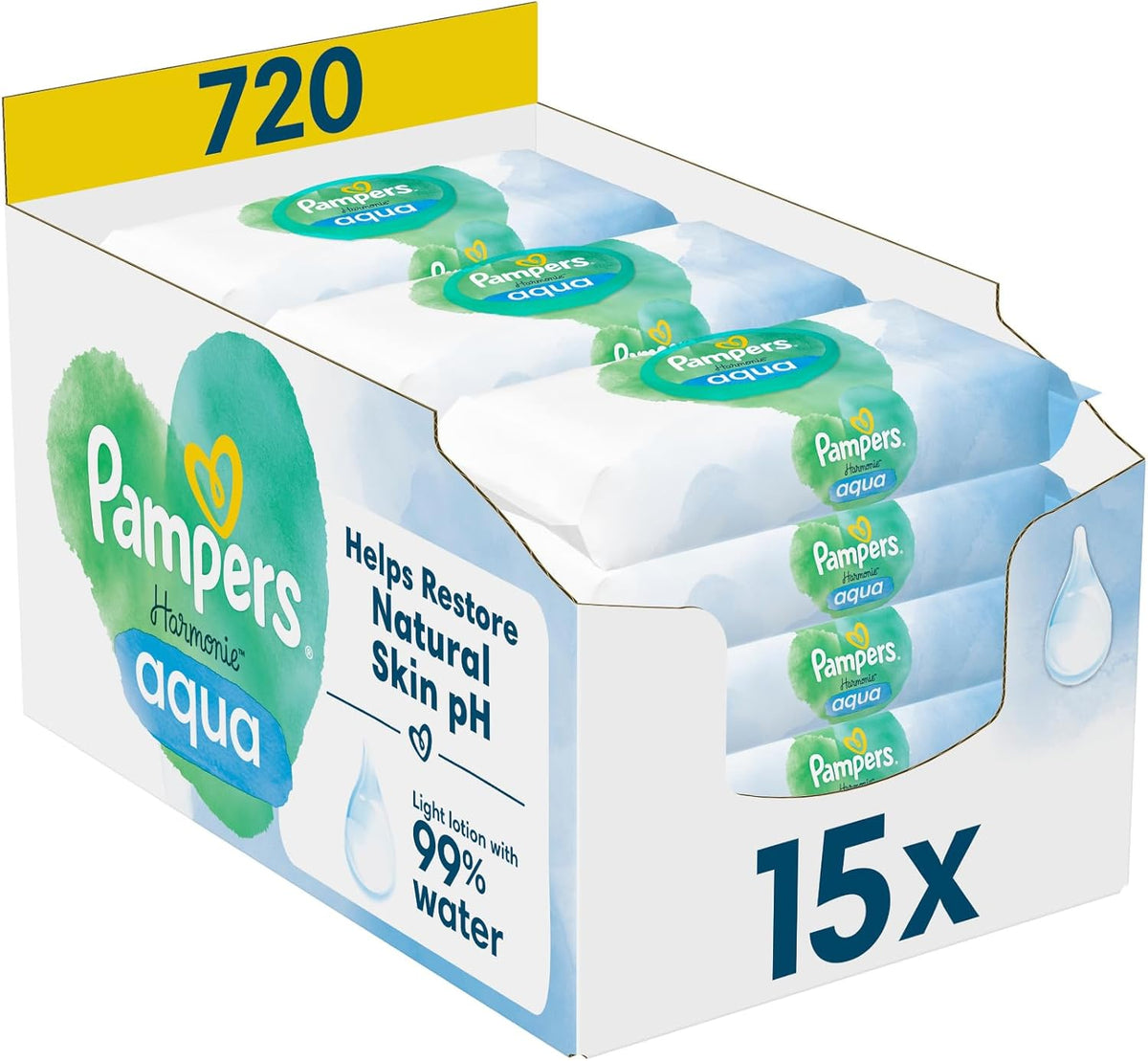 Pampers Harmony Aqua vådservietter, 15 pakker med 48 servietter hver - 720 servietter i alt, hjælper med at genoprette hudens naturlige pH-balance, let lotion 99% vand