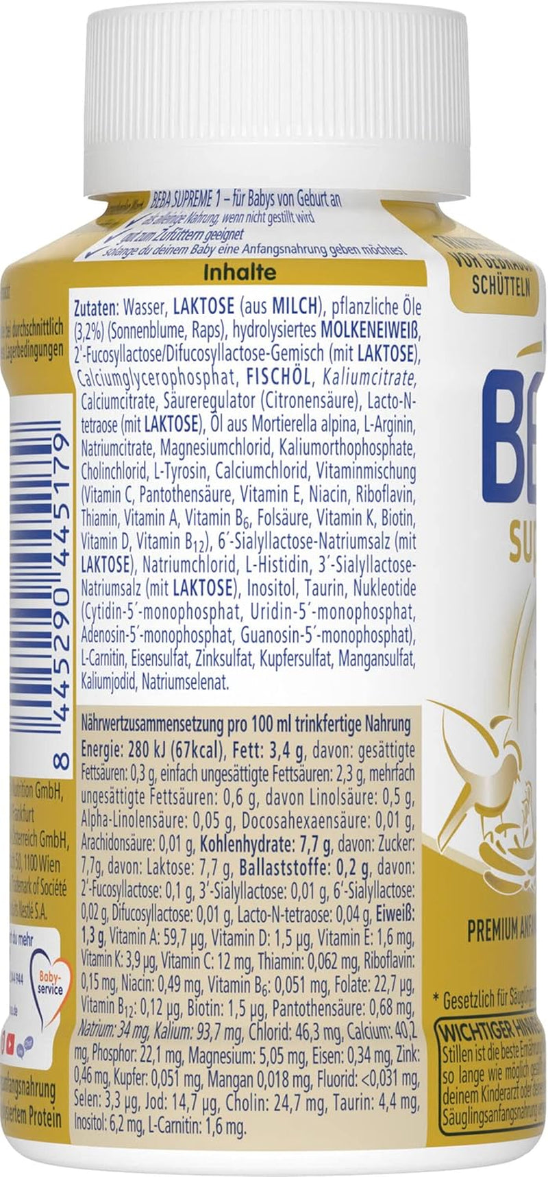 BEBA Nestlé BEBA SUPREME 1 Spædbørnsmælk: drikkeklare flasker med Omega 3, pakke med 4 (1 x 200 ml)