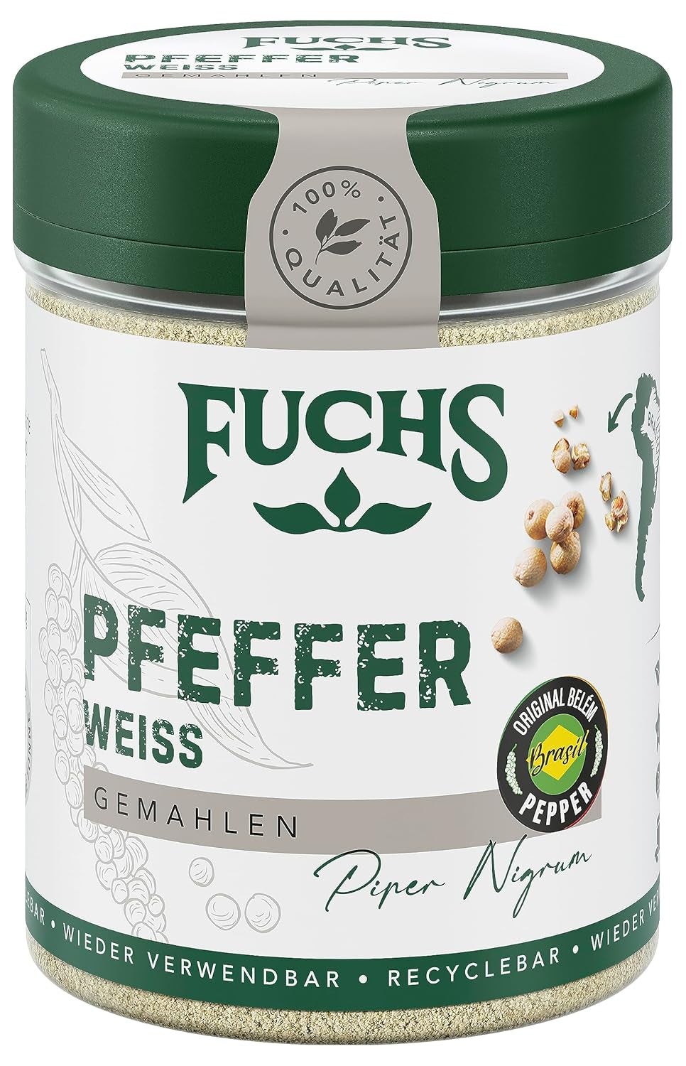 Fuchs Gewürze - Pfeffer weiß gemahlen - Pfeffer aus dem Amazonasgebiet, für helle Saucen, Fisch eller Suppen - naturlige ingredienser - 60 g i wiederverwendbarer, genbrugsbarer Dosis
