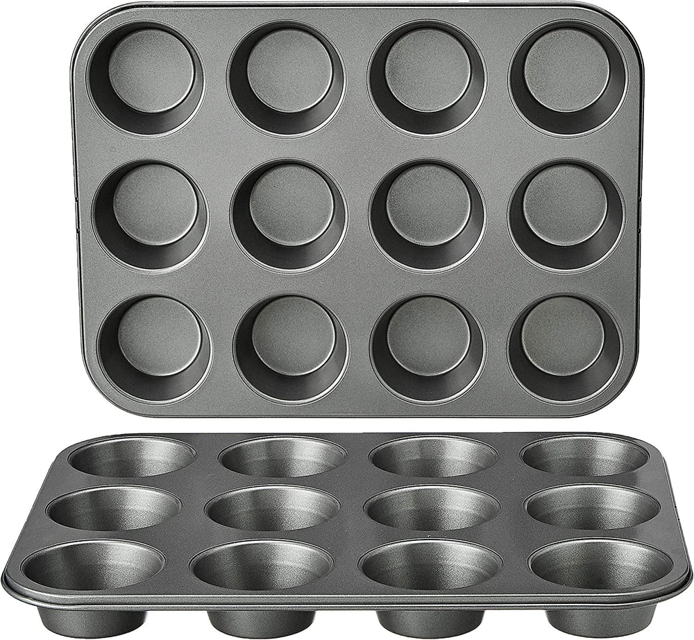 Muffinbakke, non-stick, kulstofstål, pakke med 2, grå, 35 cm X 26,8 cm X 3 cm bradepander & bakker Naty Shop muffinbakker